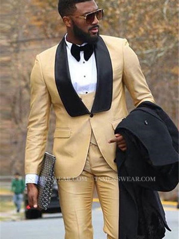 Champagne Three Piece Formal Business Men Suit with Black Lapel