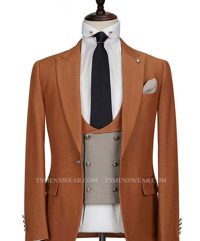 Orange Peak Lapel 3 Piece Men's Suit with Double Breasted Waistcoat