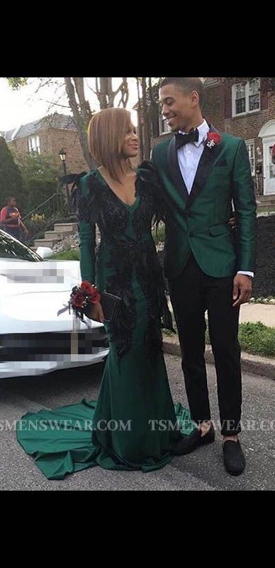 Dark Green Men's Suits for Prom | 2 Piece Black Satin Lapel Wedding Tuxedo