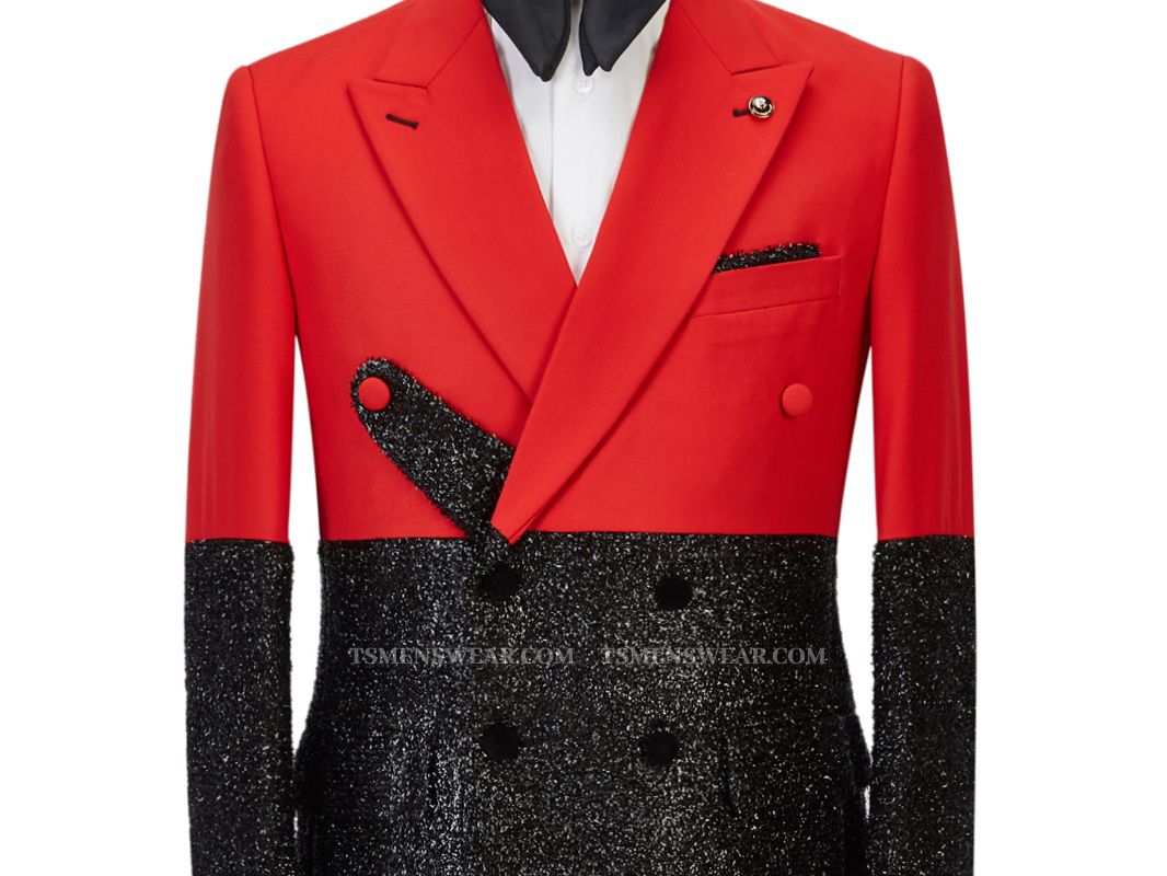 Latest Peak Lapel Bright Red Stitching Sparkle Black Fashion Men's Suit