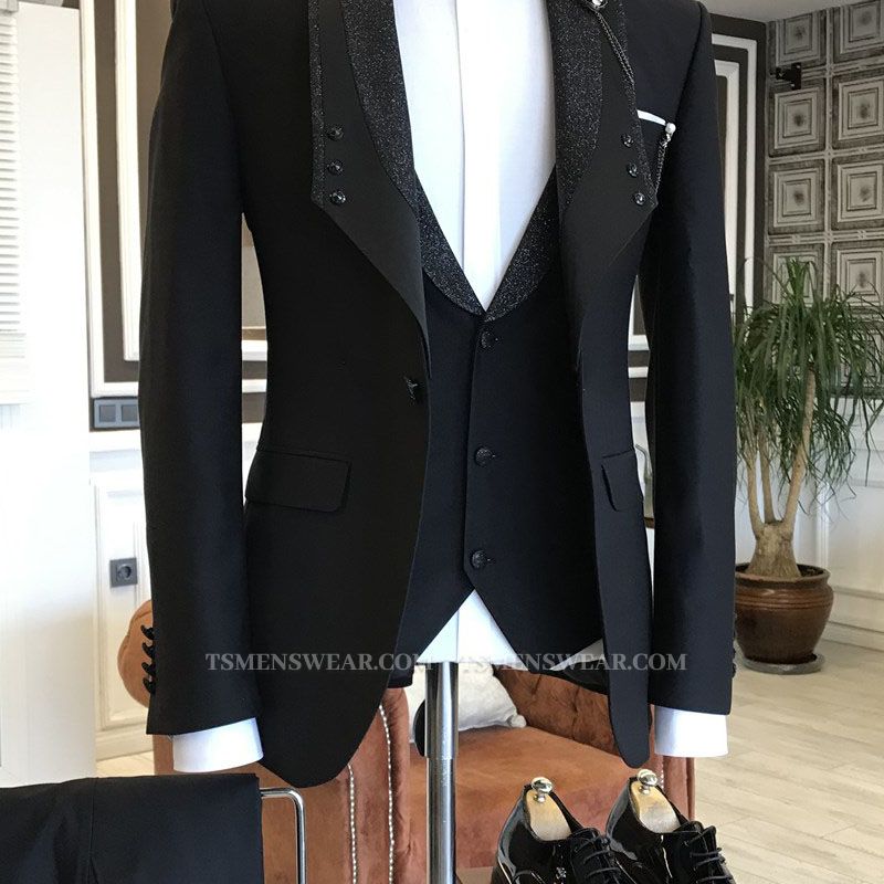 Felix 3-pieces All Black Shawl Lapel One Button Wedding Suits For Grooms