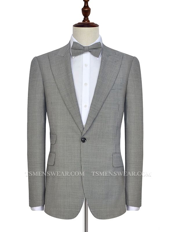 Small Plaid Grey Leisure Suits for Men | Peak Lapel One Button Mens Suits for Business