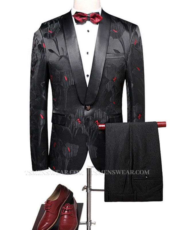 New Arrival Black Prom Men Suits Online | Jacquard Peak Lapel Tuxedo with 2 Pieces