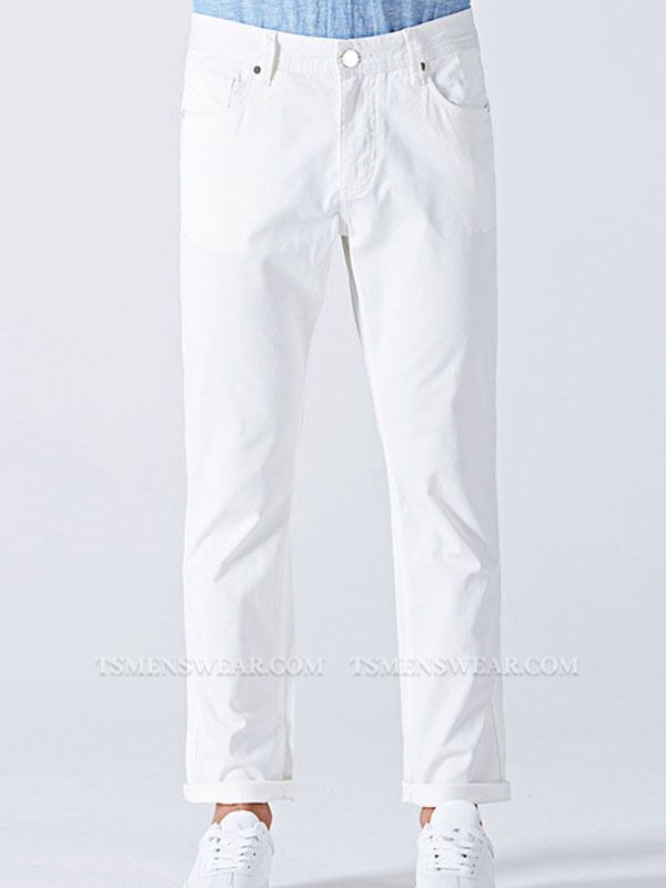 Fashionable White Cotton Solid Casual Mens Ninth Pants