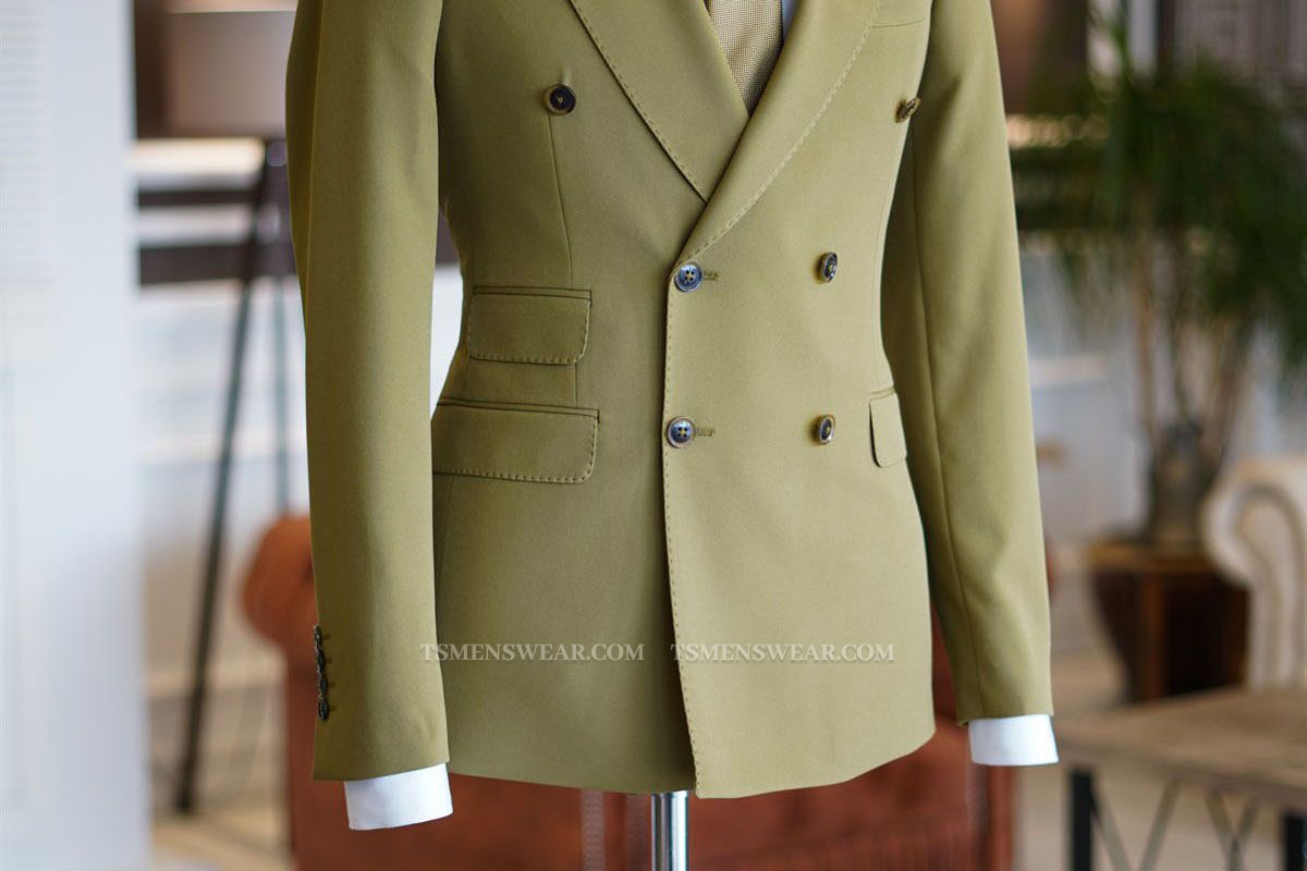 Nat Fashion Green Peaked Lapel Double Breasted Prom Men Suits