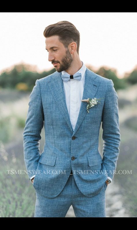Ocean Blue Linen Summer Beach Groom Wedding Suits | Casual Man Blazer Tuxedo