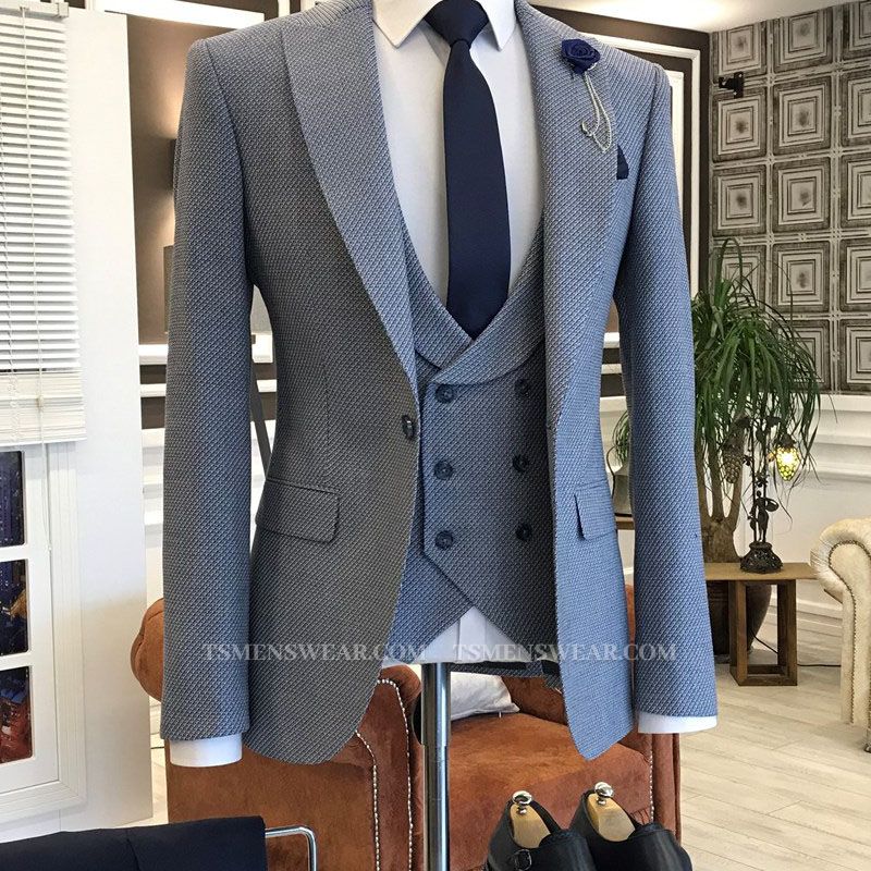 New Arrival Blue Small Plaid Double Breasted Waistcoat Business Men Suits