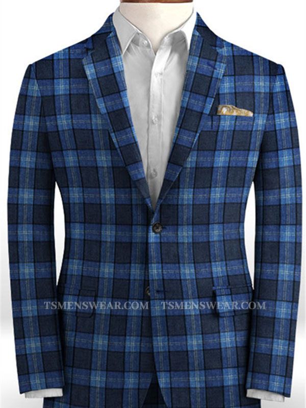 Bespoke Blue Plaid Linen Men Suits | Formal Business Tuxedo with Two Pieces