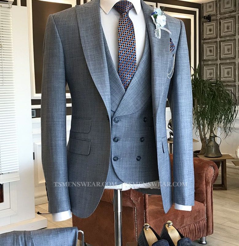Jeffrey Formal Gray Plaid Peaked Lapel Double Breasted Waistcoat Business Suits