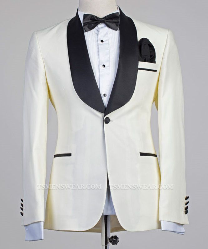 Moses Ivory One Button Simple Slim Fit Wedding Suits with Black Lapel