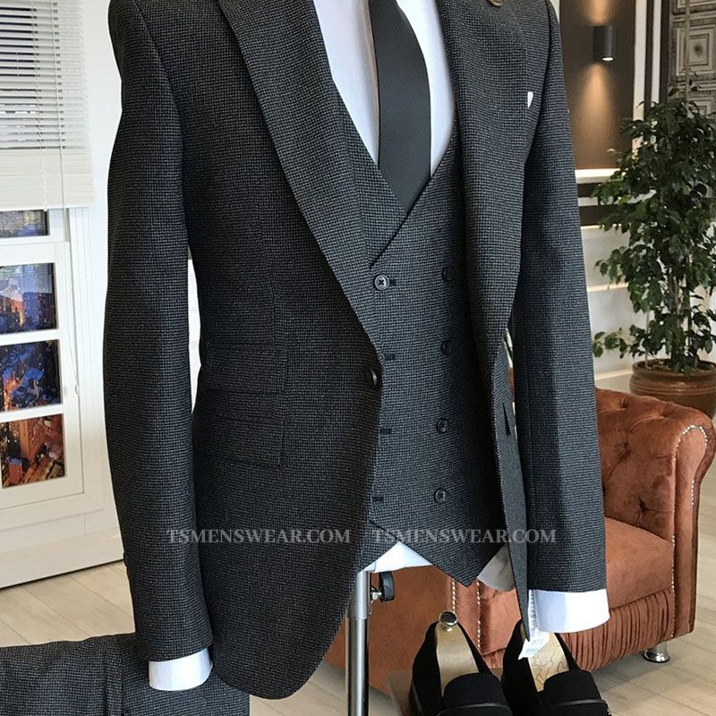 Osmond Black Small Plaid Peaked Lapel Double Breasted Waistcoat Custom Business Suits