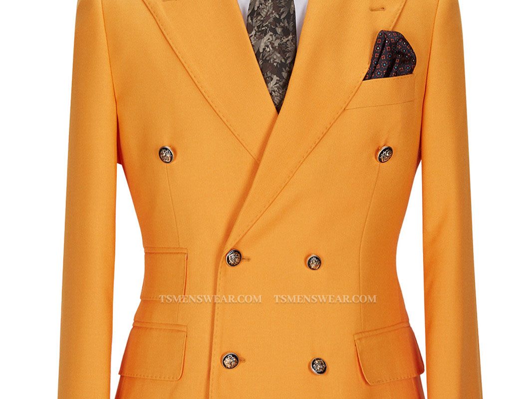 Benjamin New Arrival Orange Double Breasted Peaked Lapel Men Suits