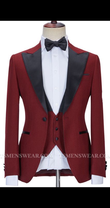 Stylish Red Three Pieces Best Fitted Peaked Lapel Prom Suits