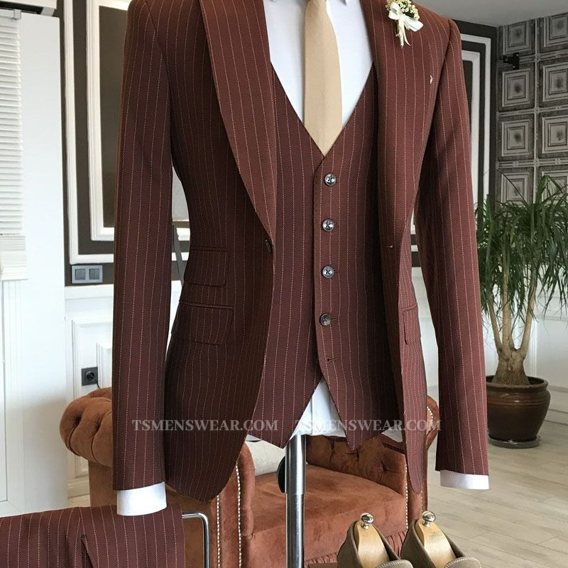 Elmer Newest Burgundy 3-Pieces Striped Peaked Lapel Men Suits For Business
