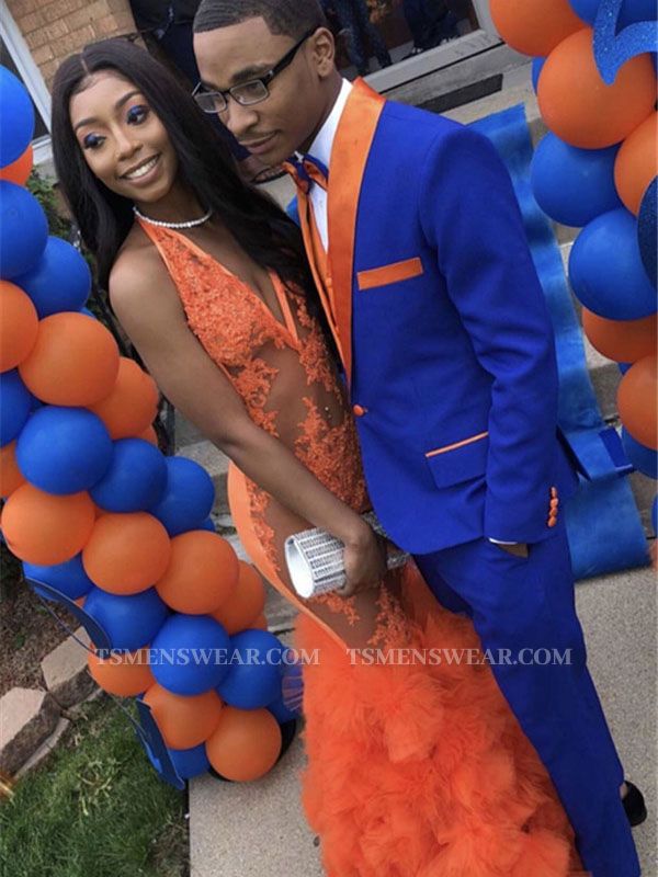 Unique Royal Blue Prom Suit Online | Slim Fit Men Suit with Orange Lapel