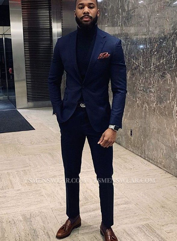Joshua Dark Navy Notched Lapel Prom Men Suits with Black Pants