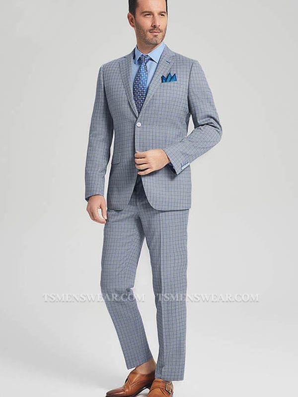 Casual Light Grey Suits for Men | Blue Grid Mens Leisure Suits Sale