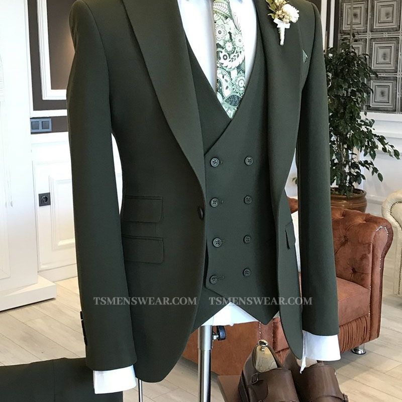 Michael Unique Dark Green One Button 3 Flaps Tailored Business Suits For Men