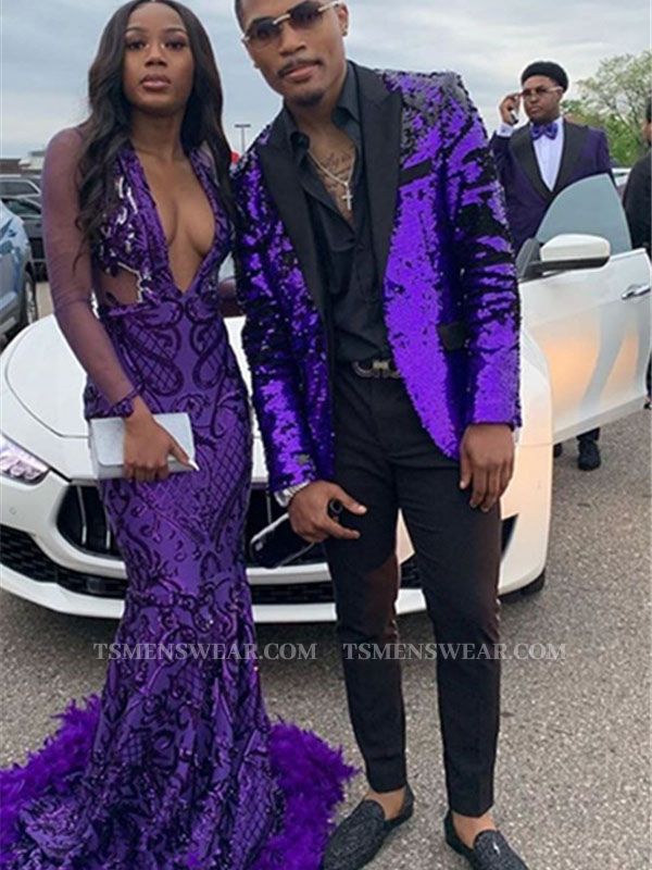 Stylish Purple Sequined Men's Suit | Two Piece Slim Fit Prom Men Suits