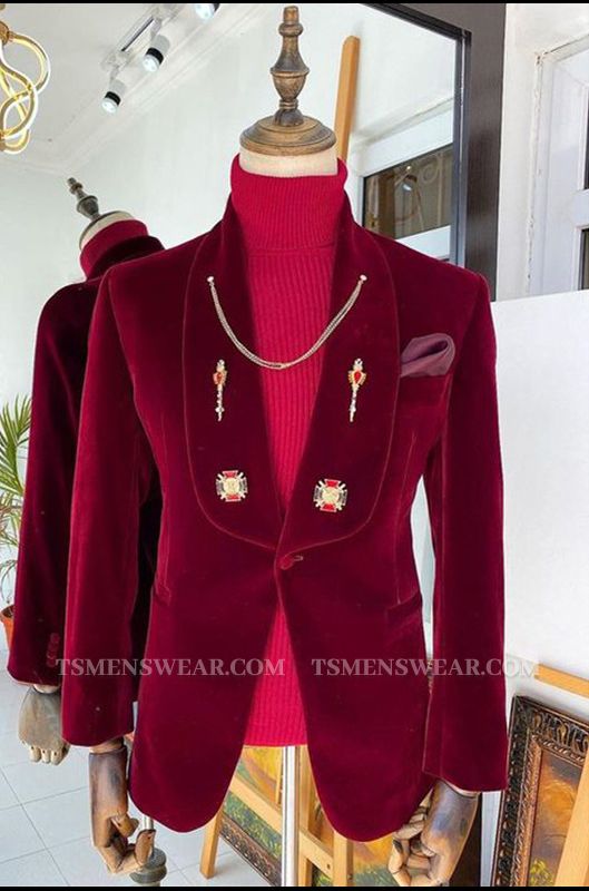 Fashion Red Velvet Shawl Lapel Wedding Groom Suits