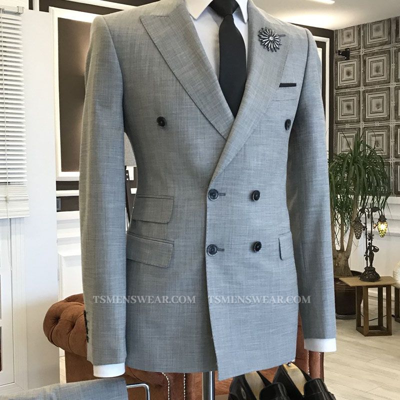 Jeremy Handsome Gray Peaked Lapel  Double Breasted Tailored Business Suits For Men
