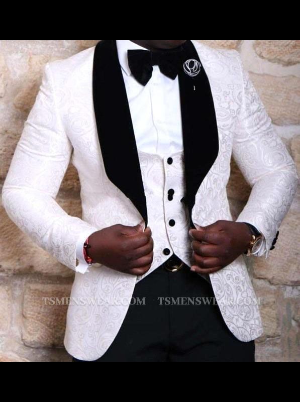 Handsome White Wedding Groom Tuxedos Online| Jacquard Three Pieces Men Suit