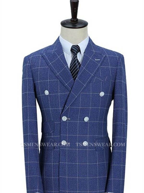 Double-Breasted Ocean Blue Business Men Blazer | Men's Wedding Plaid Slim Fit Tuxedo