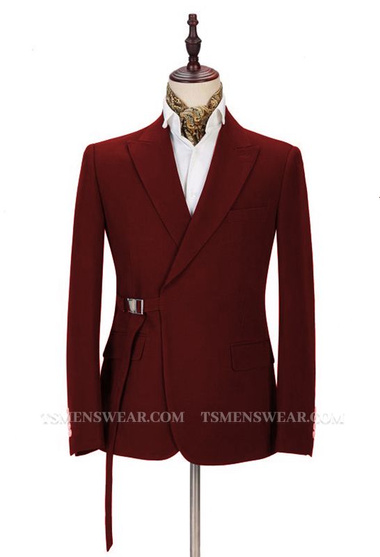 Stylish Peak Lapel Buckle Button Formal Burgundy 2 Piece Men's Casual Suit Online