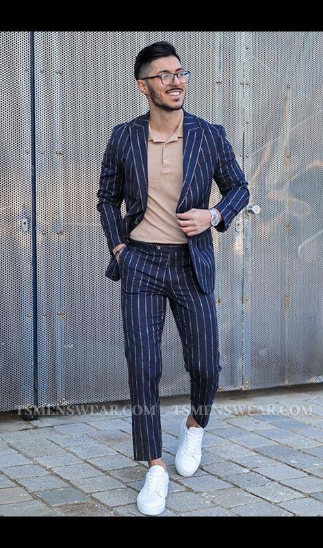 Dorian Dark Nay Striped Peaked Lapel Handsome Men Suit