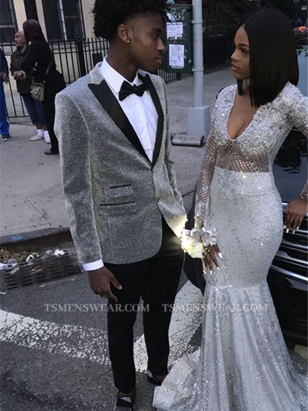Glitter Silver Sequins Men Suits | Peaked Lapel Two Piece Prom Outfits