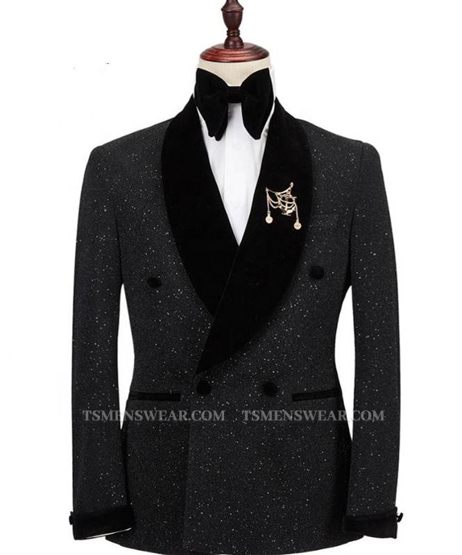 Edward Shawl Lapel Double Breasted Sparkle Black Wedding Suits