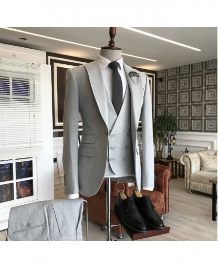 Henry High Quality Light Gray Peaked Lapel 3 Flaps Formal Business Suits For Men_2