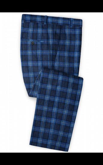 Bespoke Blue Plaid Linen Men Suits | Formal Business Tuxedo with Two Pieces_3