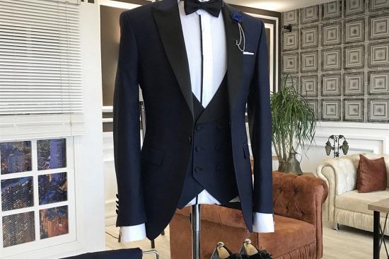 Trendy Dark Blue Prom Men Suits With Black Peaked Lapel_2