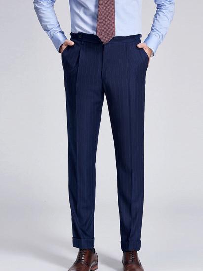 Elegant Light Grey Stripes Flap Pockets Navy Blue Mens Suits for Formal_4
