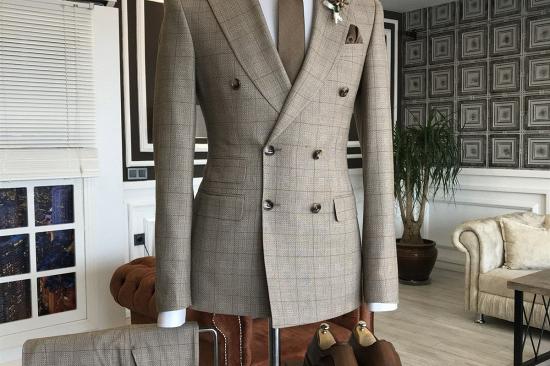 Solomon Latest Brown Plaid Double Breasted Peaked Lapel Formal Menswear_2