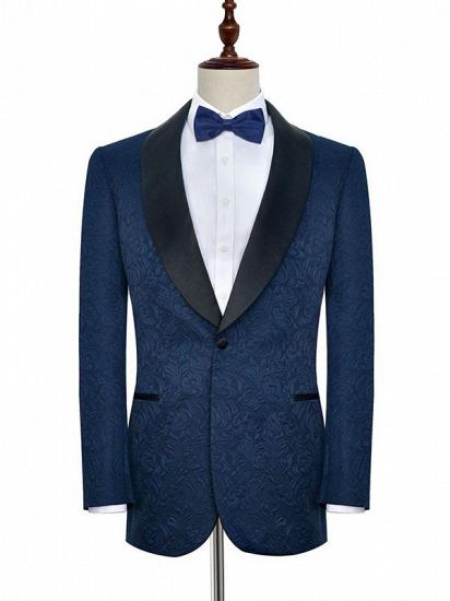 Bennett Navy Blue Mens Suits for Weddings | Jacquard Black Silk Shawl Lapel Prom Suits_1