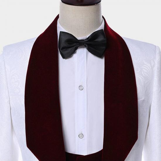 White Jacquard Men Suits with Burgundy Lapel | Floral Tuxedo_4