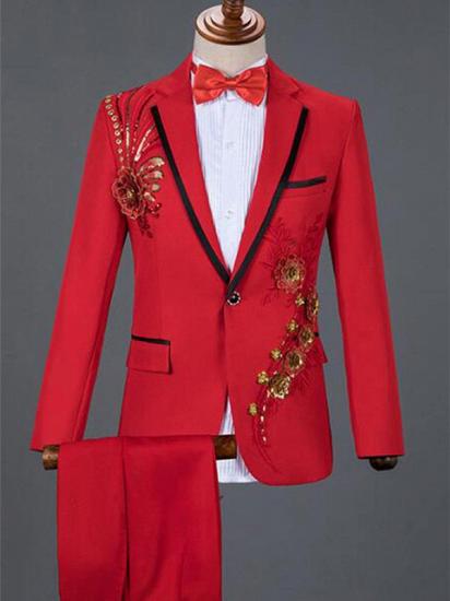 Red Sequin Embroidery Lace Floral Men Tuxedo | Fashion One Button Prom Men Suits Online_1