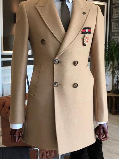 Ingram Light Khaki Peaked Lapel Double Breasted Slim Fit Formal Wool Coat