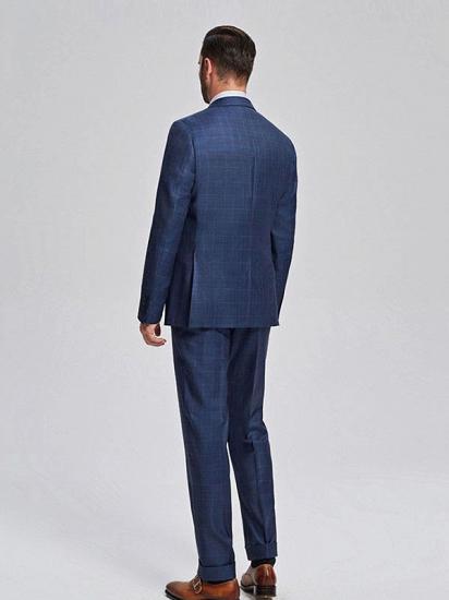 Fashionable Blue Plaid Mens Business Suits with Three Flap Pockets_3