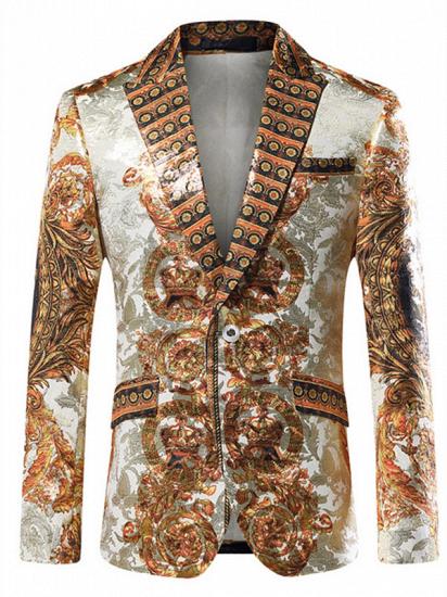 Silver Peaked Lapel Slim Fit Mens Blazer Jacket with Gold Pattern_1