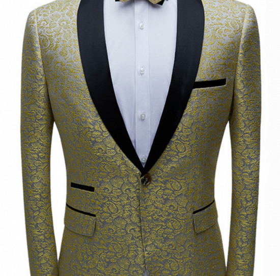Chic Black Satin Shawl Lapel Prom Suits | Gold Jacquard Men's Wedding Tuxedos - Terence