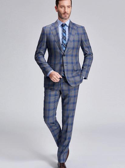 Premium Blue Plaid Grey Mens Suits | Notch Lapel Two Button Suits for Men