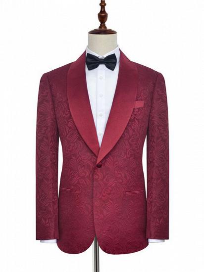 Luxury Burgundy Jacquard One Button Silk Shawl Lapel Mens Suits for Wedding and Prom_1