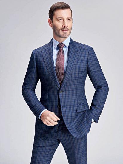 Small Checked Pattern Gentle Mens Suits | Peak Lapel Blue Suits for Men_6