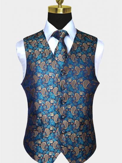 Teal Blue Paisley Mens Suit Prom Vest Set Online_1