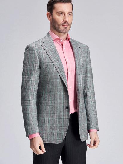 Casual Green Plaid Patch Pocket Grey Mens Business Suit Blazer Jacket_3