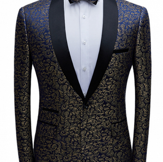 Modern Black Satin Shawl Lapel Wedding Tuxedos | Gold Jacquard Blue Men's Suits for Prom