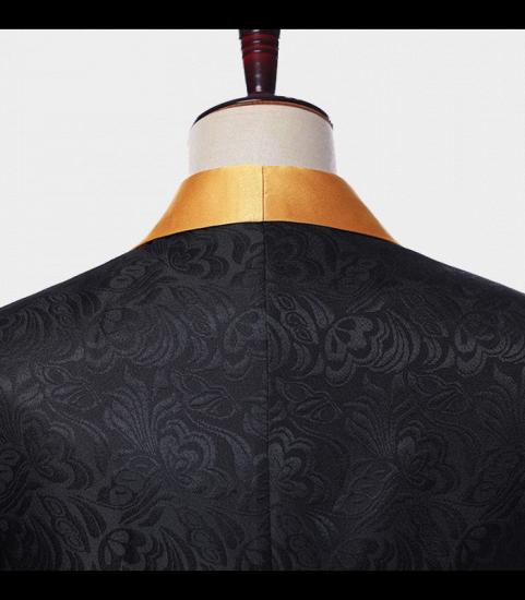 Black Jacquard Tuxedo with Gold Shawl Lapel | Three Pieces Men Suits_4